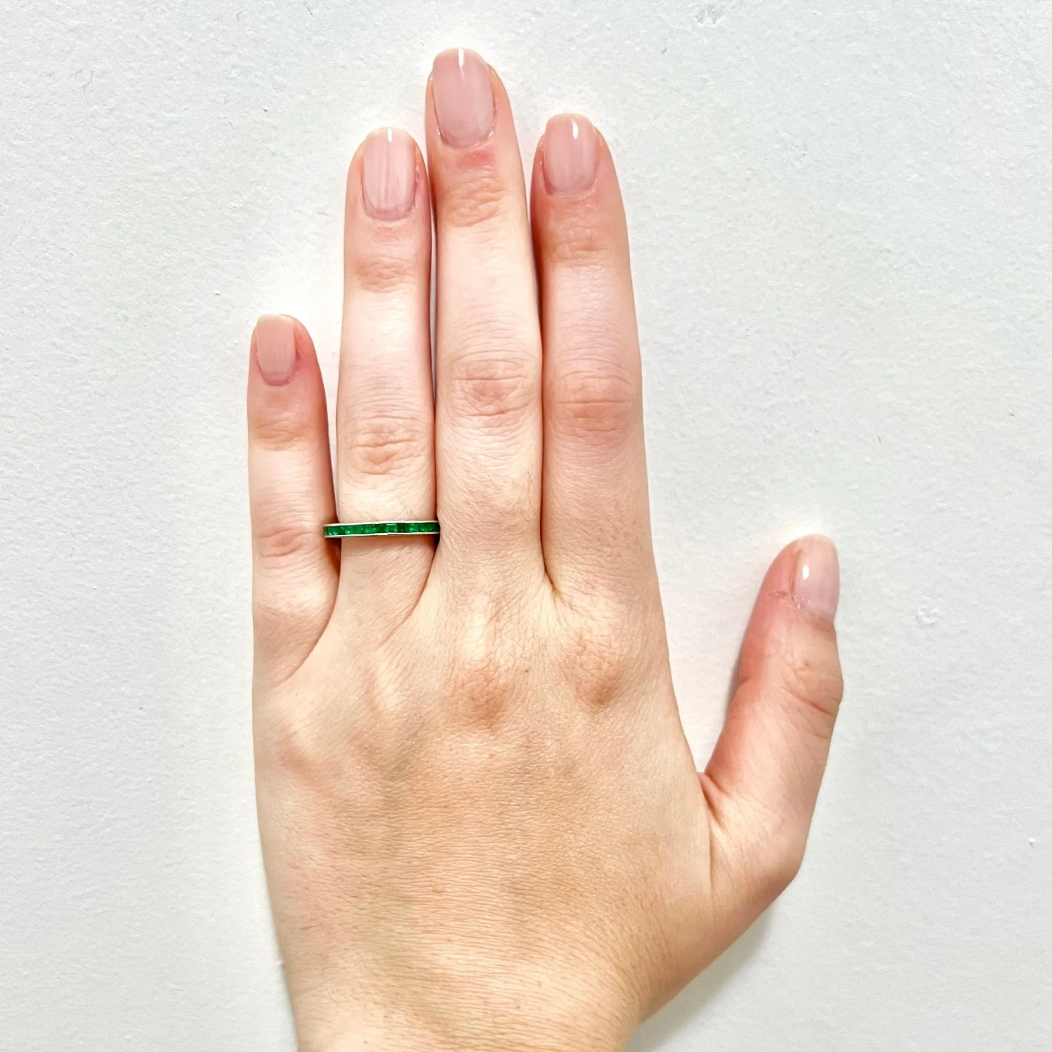 Art Deco Style Handcrafted Platinum Natural Emerald Eternity Band Ring