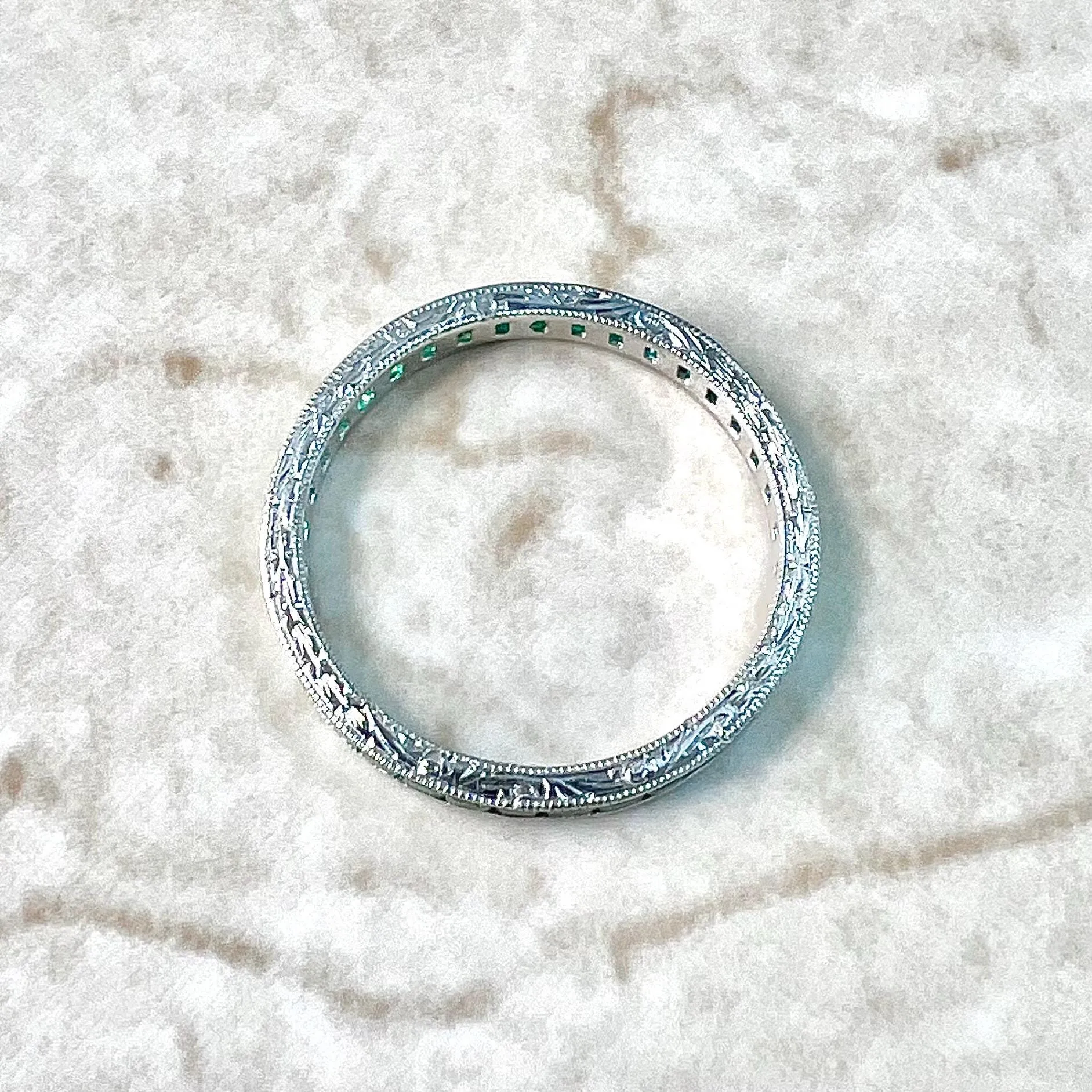 Art Deco Style Handcrafted Platinum Natural Emerald Eternity Band Ring