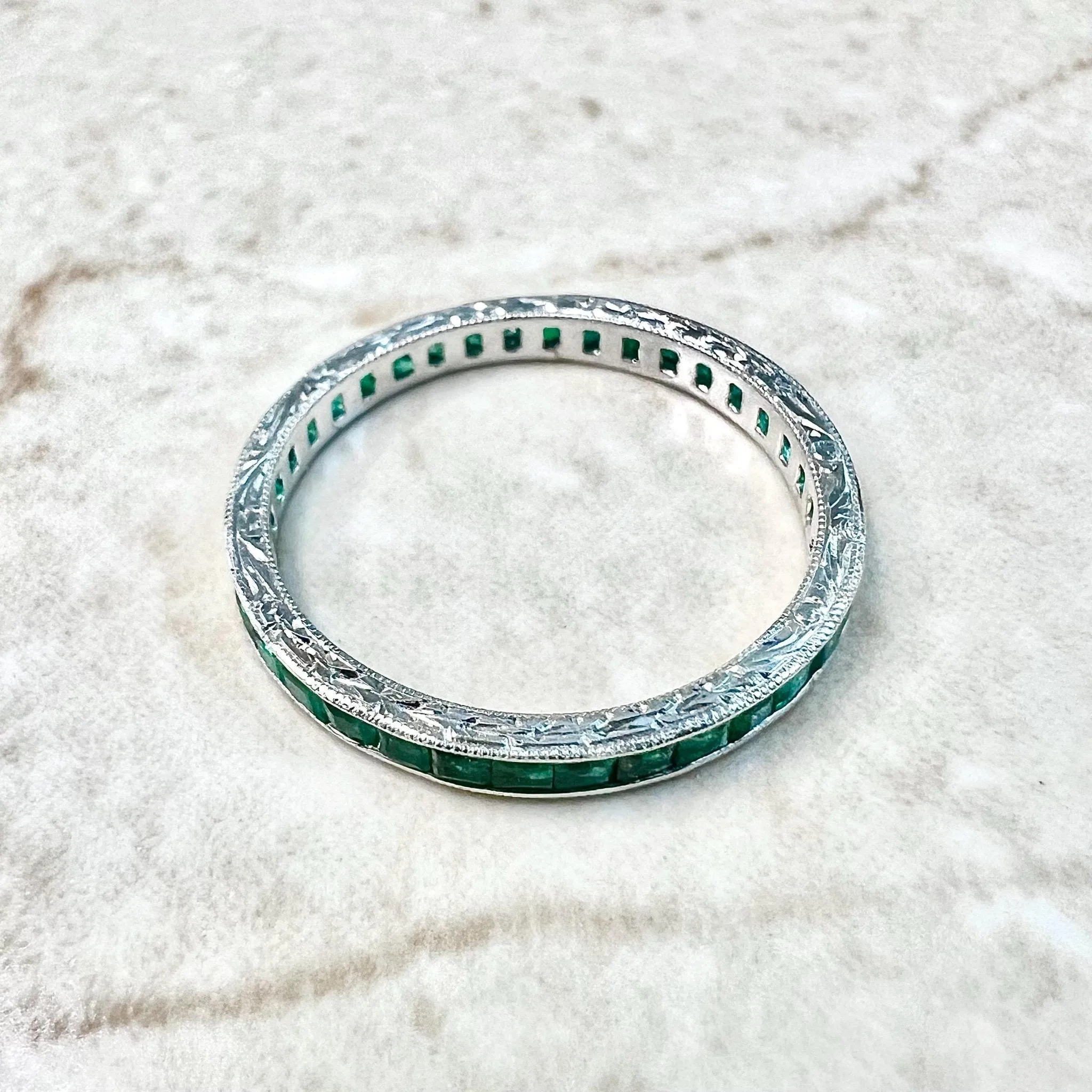 Art Deco Style Handcrafted Platinum Natural Emerald Eternity Band Ring