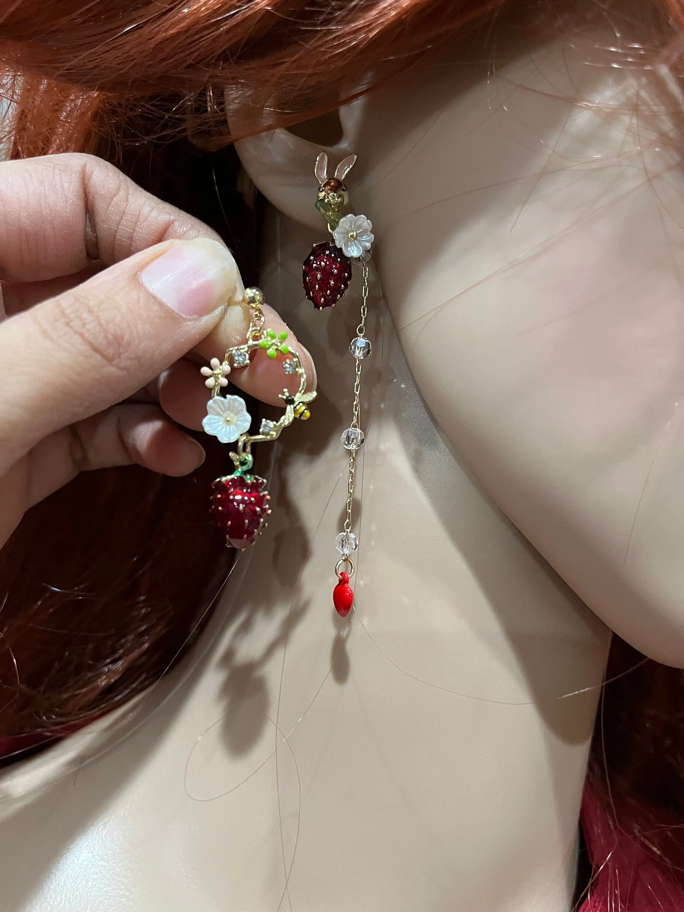 Asymmetrical  earrings , long multicolor earrings , strawberry earrings , red rabbit earrings , gold mismatched