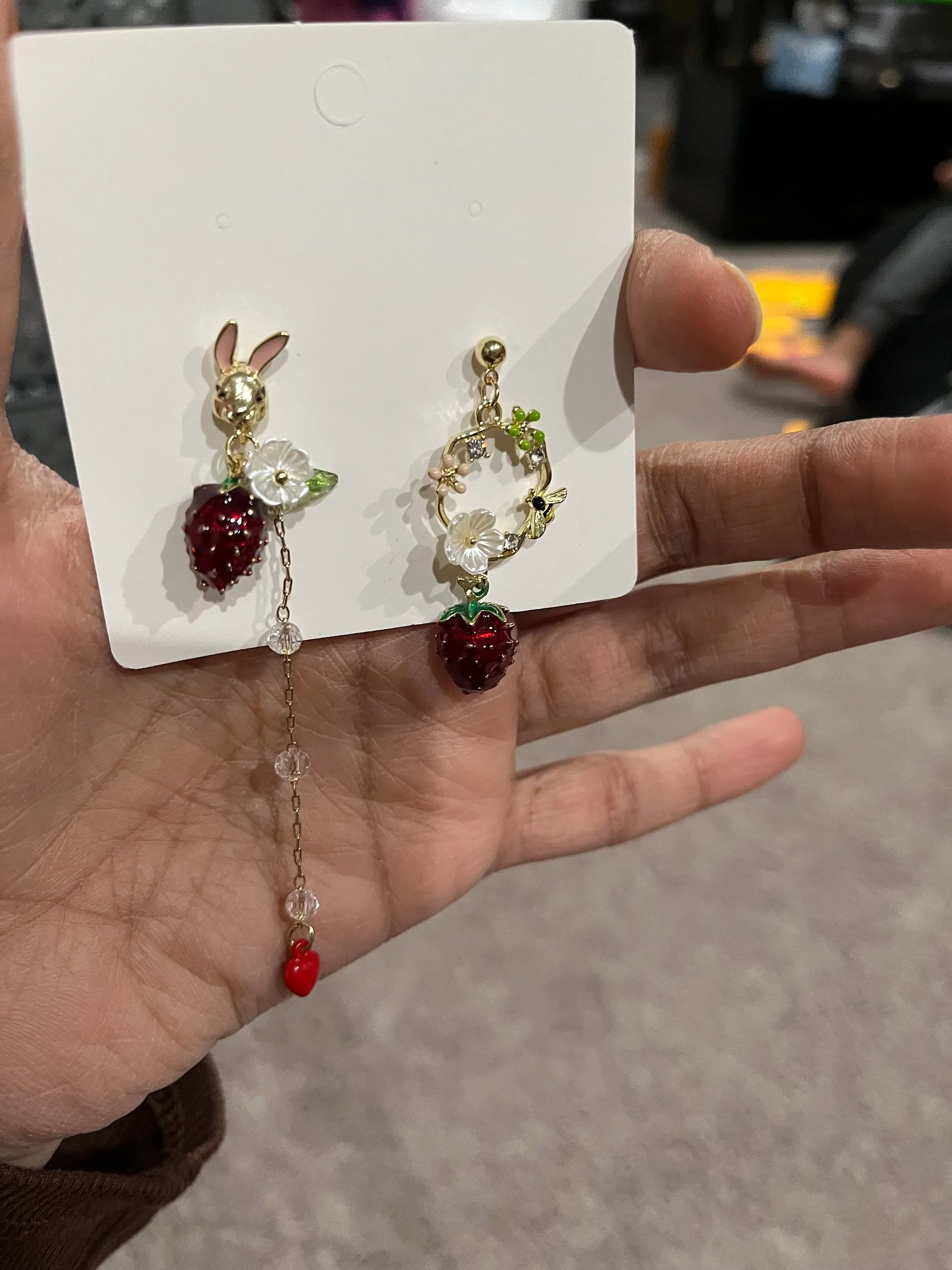 Asymmetrical  earrings , long multicolor earrings , strawberry earrings , red rabbit earrings , gold mismatched