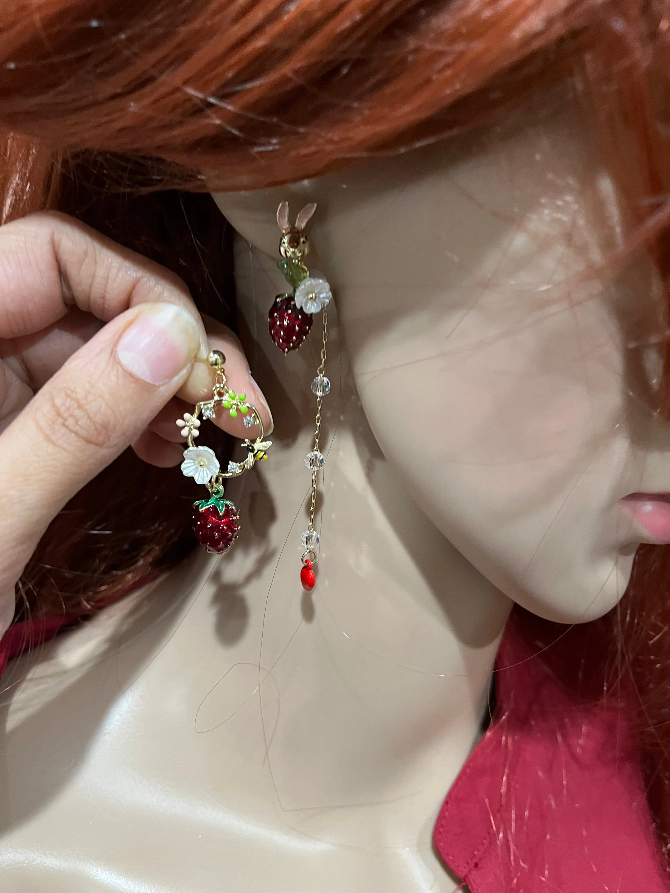 Asymmetrical  earrings , long multicolor earrings , strawberry earrings , red rabbit earrings , gold mismatched