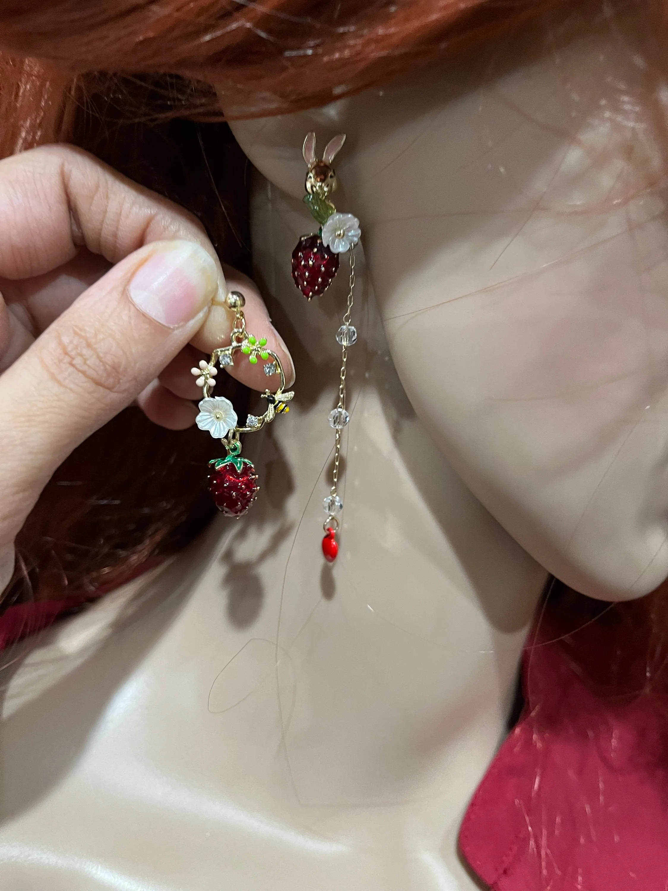 Asymmetrical  earrings , long multicolor earrings , strawberry earrings , red rabbit earrings , gold mismatched