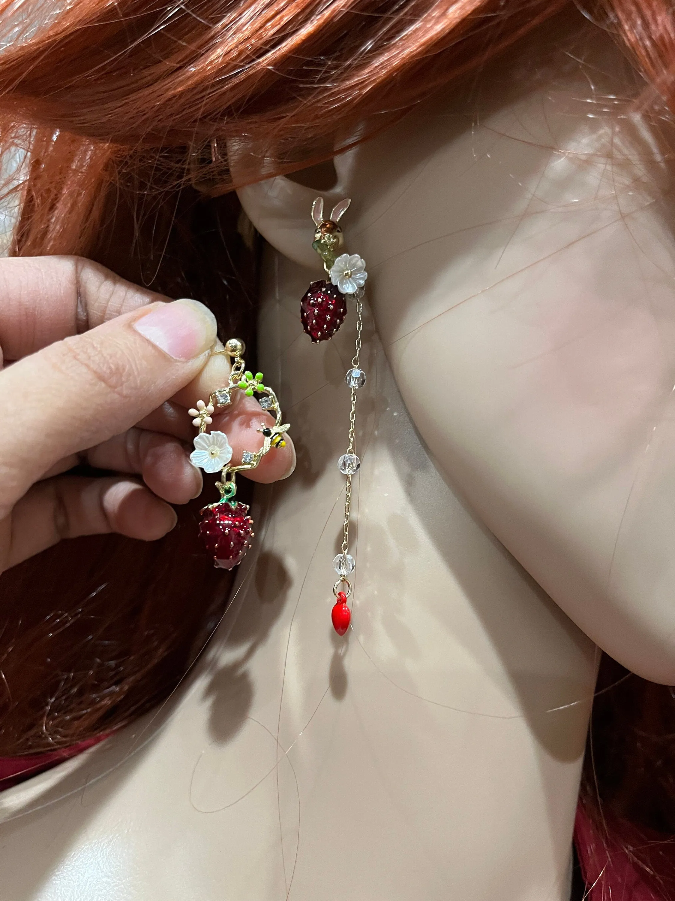 Asymmetrical  earrings , long multicolor earrings , strawberry earrings , red rabbit earrings , gold mismatched