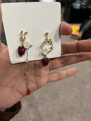 Asymmetrical  earrings , long multicolor earrings , strawberry earrings , red rabbit earrings , gold mismatched