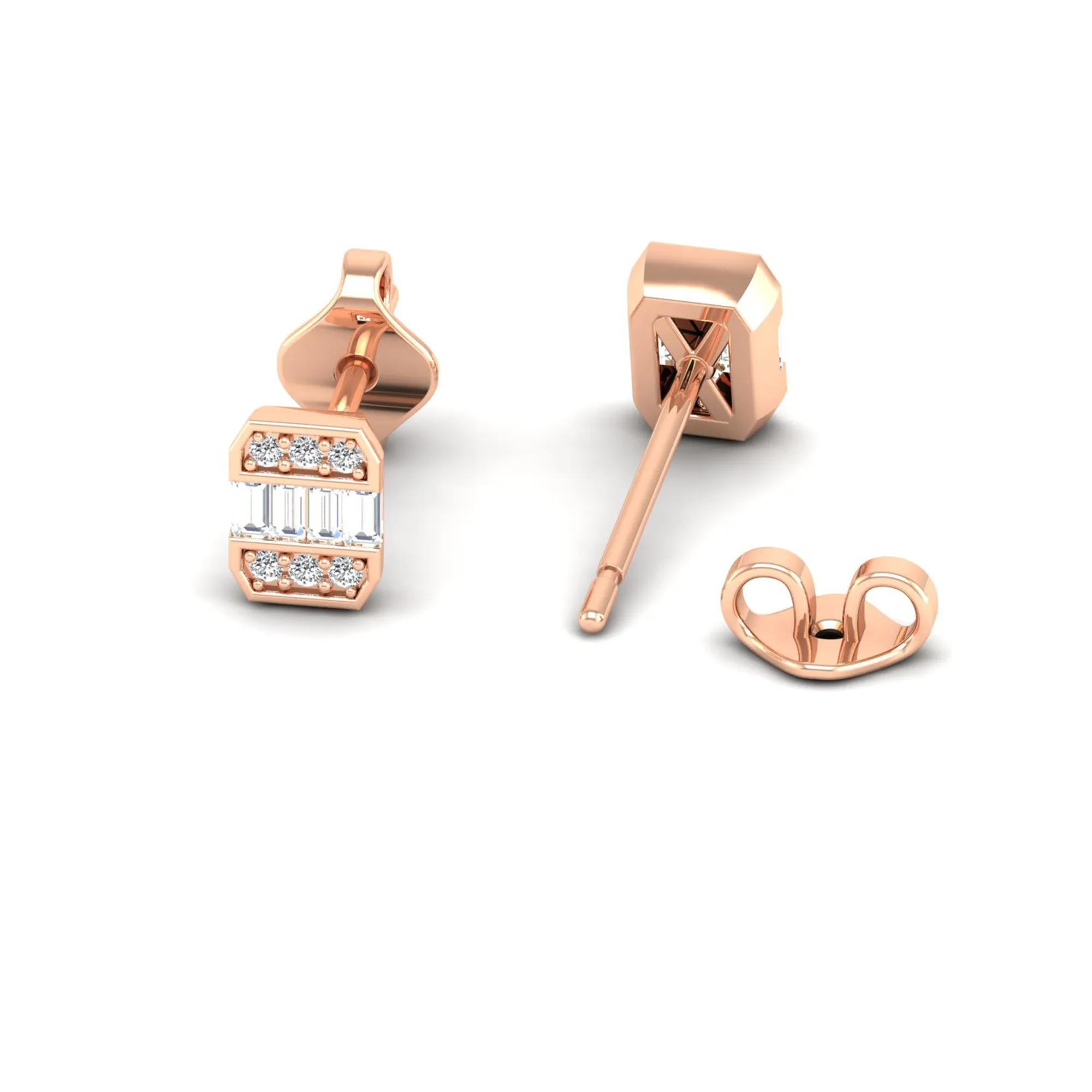 Baguette and Round Diamond Stud Earrings