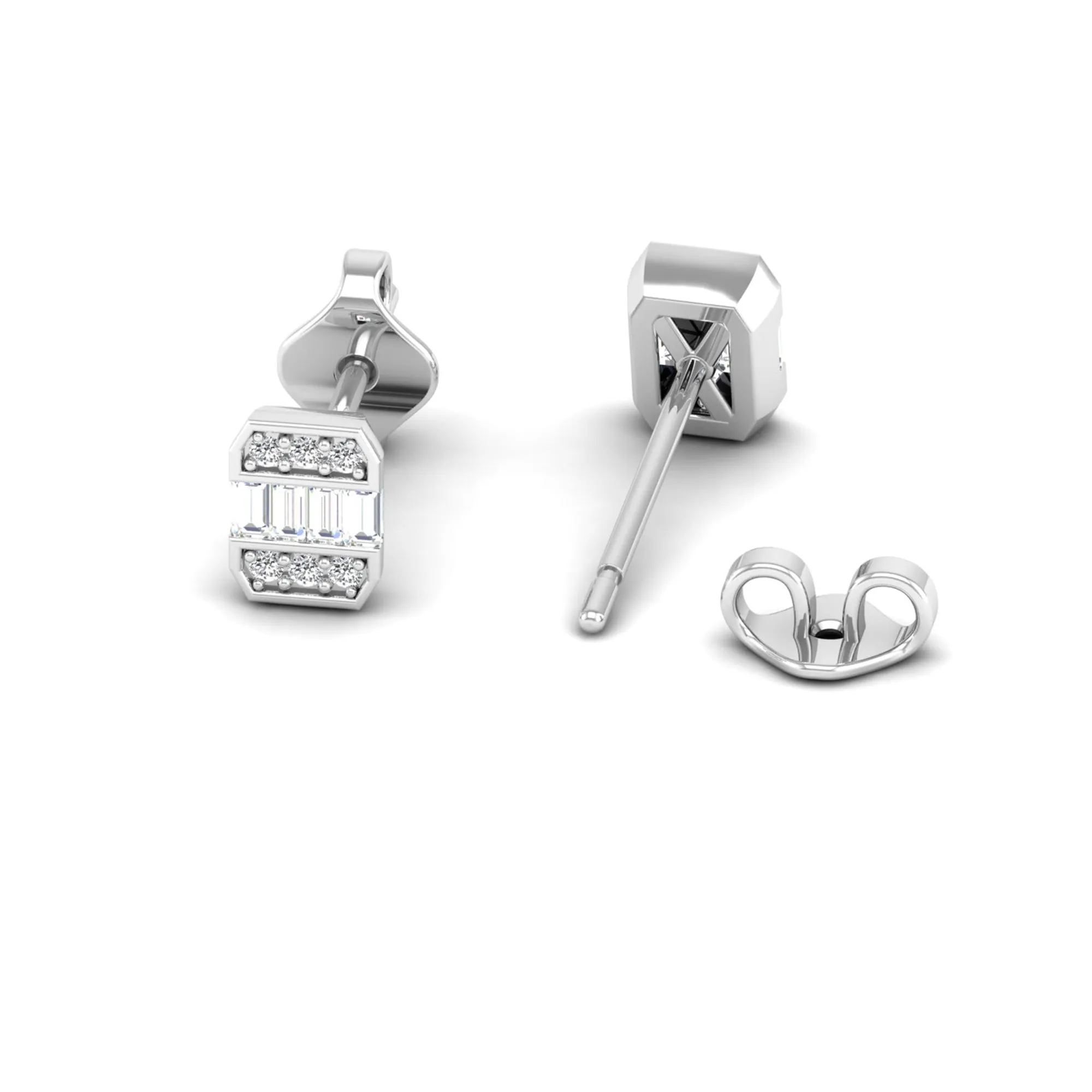 Baguette and Round Diamond Stud Earrings