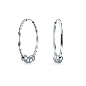 Balinese Tribal Ball Bead Hoop Huggie Earrings Bohemian Style Silver 1.5 Inch