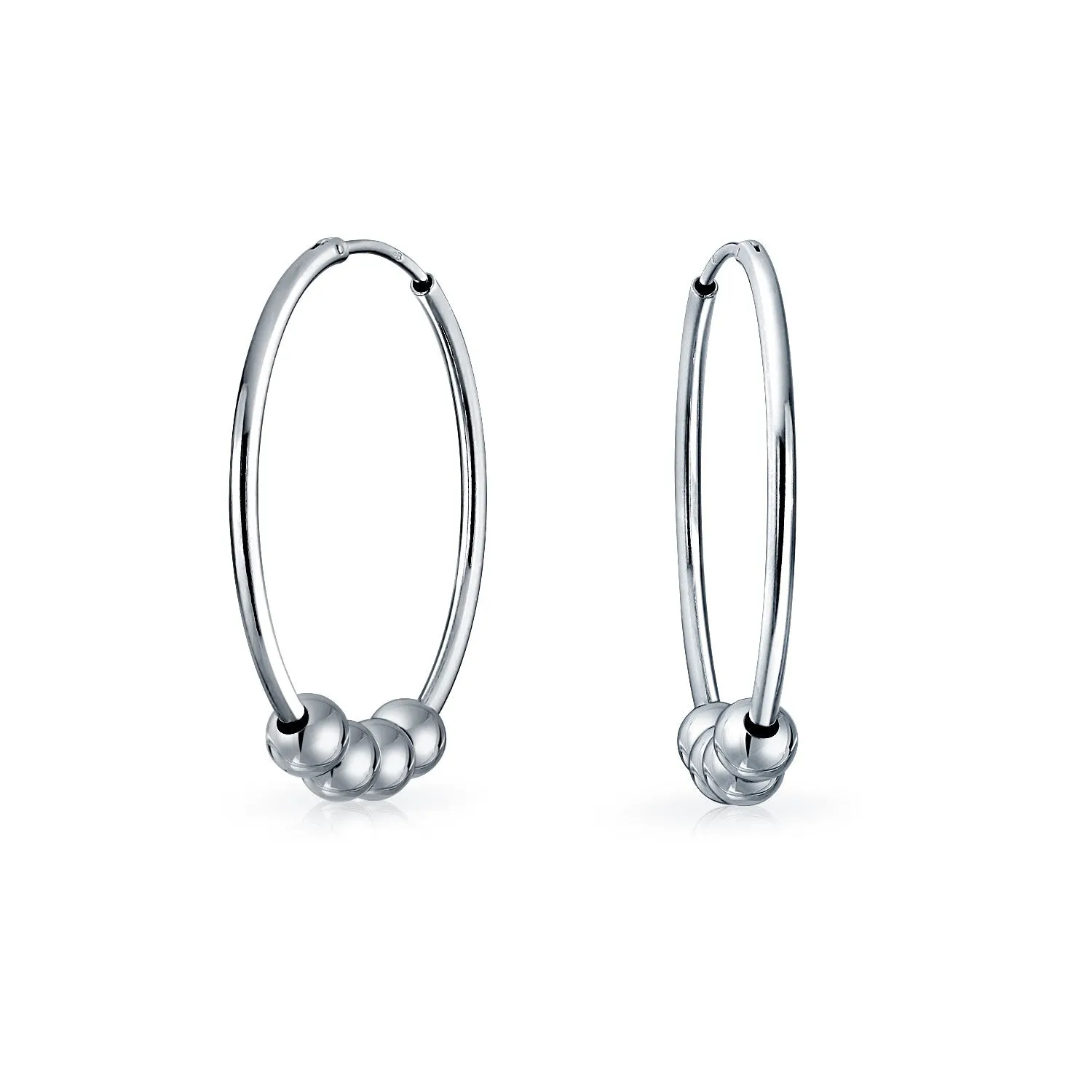 Balinese Tribal Ball Bead Hoop Huggie Earrings Bohemian Style Silver 1.5 Inch