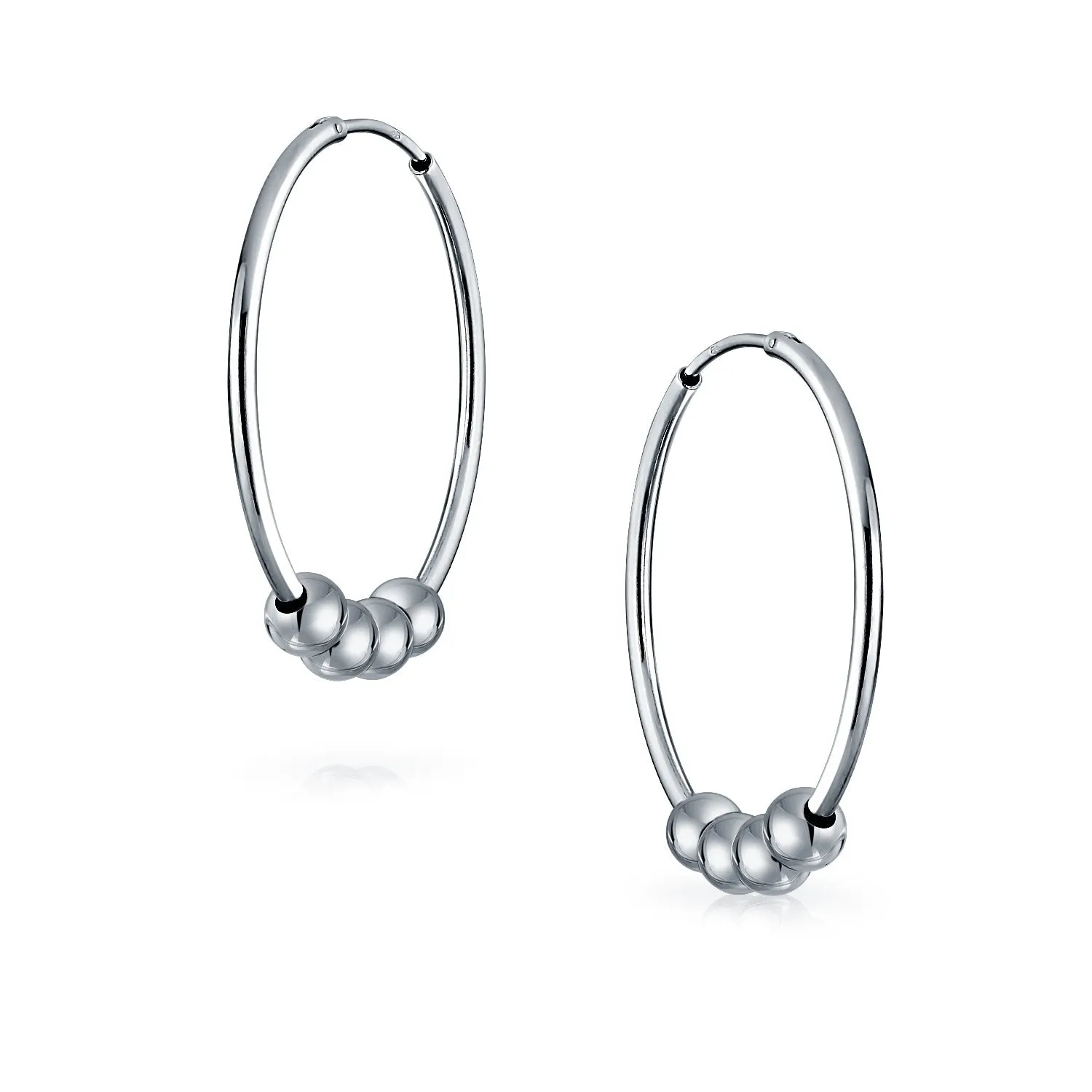 Balinese Tribal Ball Bead Hoop Huggie Earrings Bohemian Style Silver 1.5 Inch
