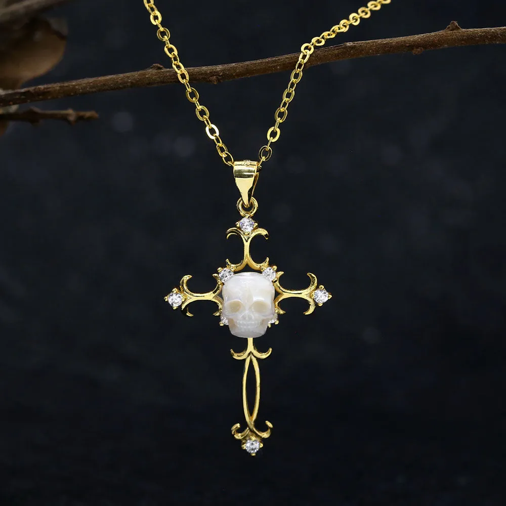 Baroque Carved Cross Pearl Skull Gemstone Pendant Necklace