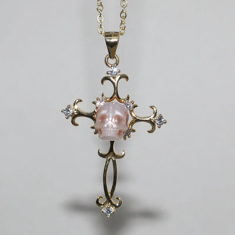 Baroque Carved Cross Pearl Skull Gemstone Pendant Necklace