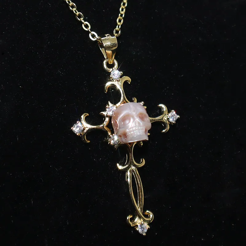 Baroque Carved Cross Pearl Skull Gemstone Pendant Necklace
