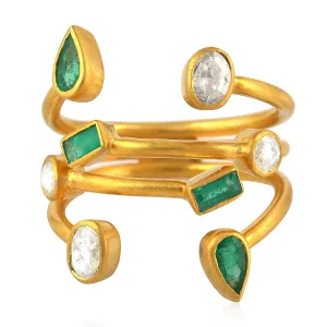 Bezel Set Emerald & Diamond Cuff Ring In 18k Yellow Gold
