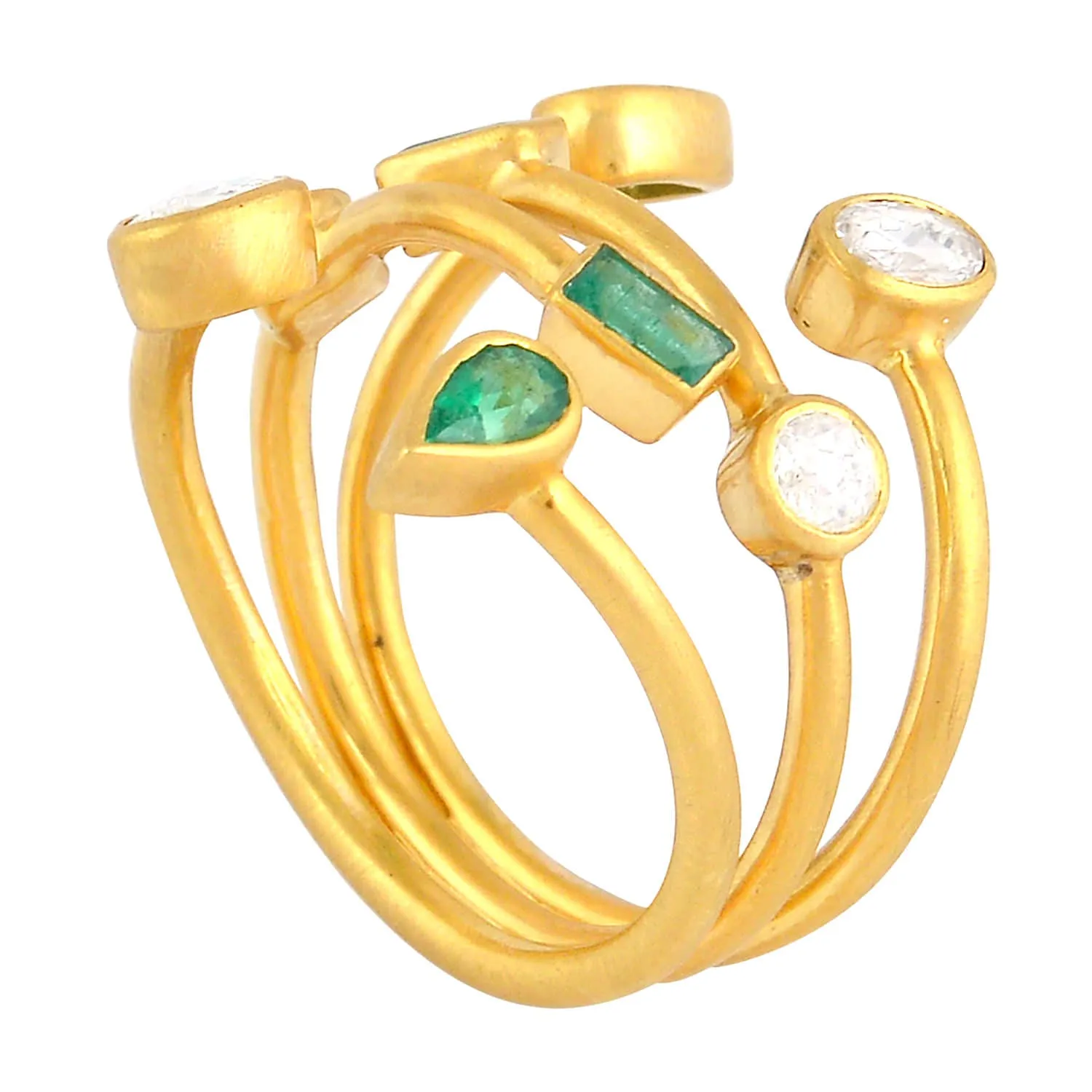 Bezel Set Emerald & Diamond Cuff Ring In 18k Yellow Gold
