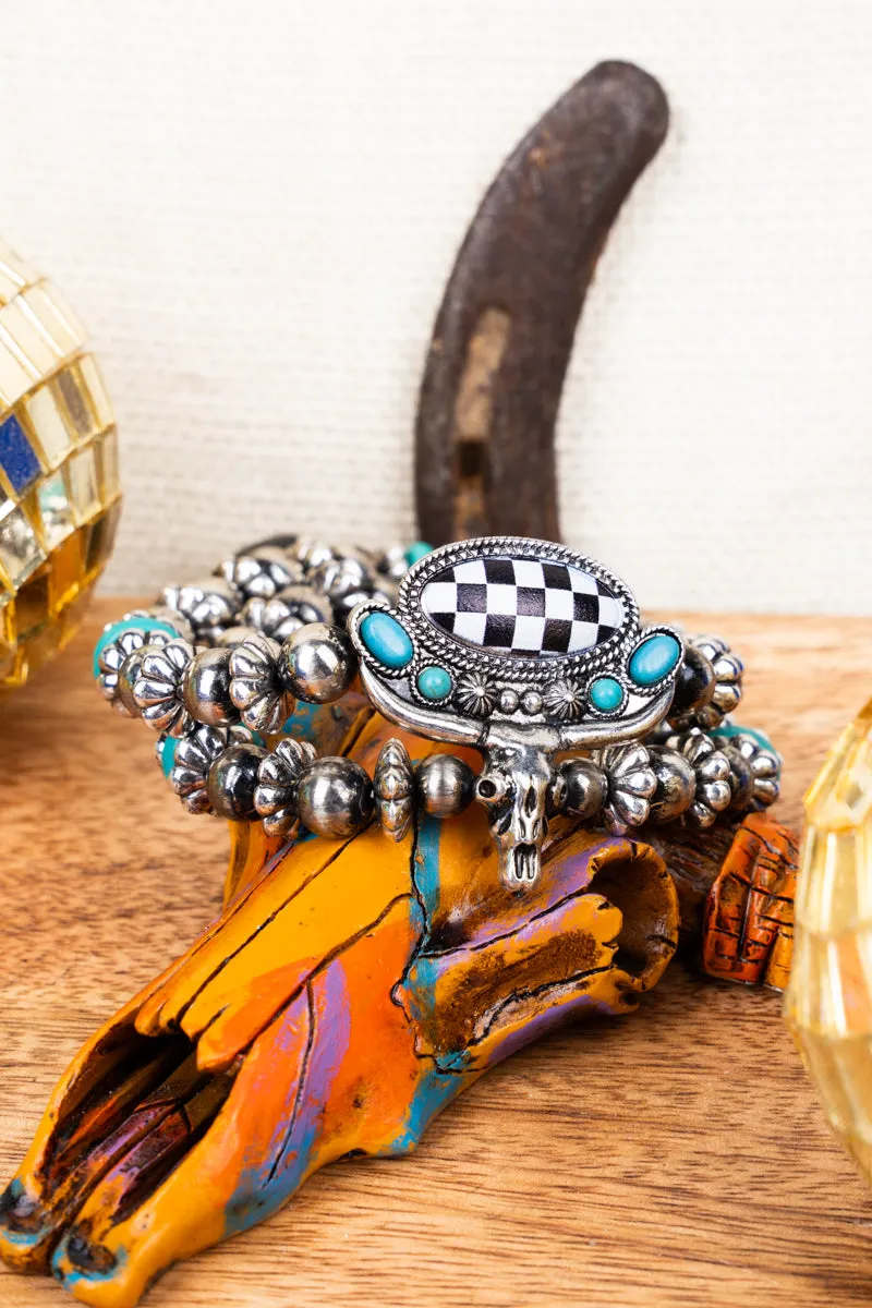 Black Steer Ranch Silvertone Beaded Bracelet