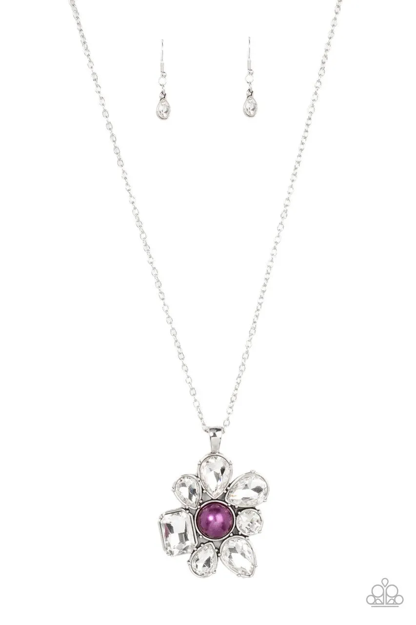 BLOOM Shaka-Laka - Purple - Pearl Center White Gem Flower Paparazzi Long Necklace