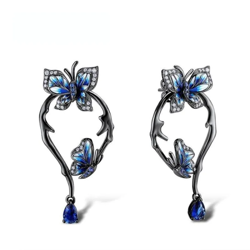 Blue Butterfly Ring Earrings Set 925 Sterling Silver Handmade Enamel Fashion Jewelry Set