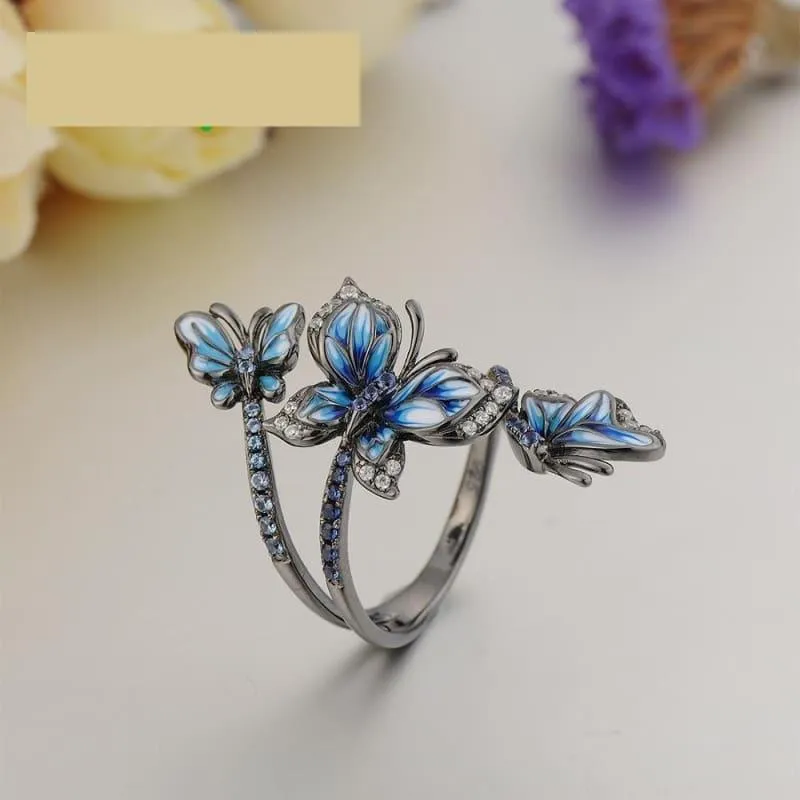 Blue Butterfly Ring Earrings Set 925 Sterling Silver Handmade Enamel Fashion Jewelry Set