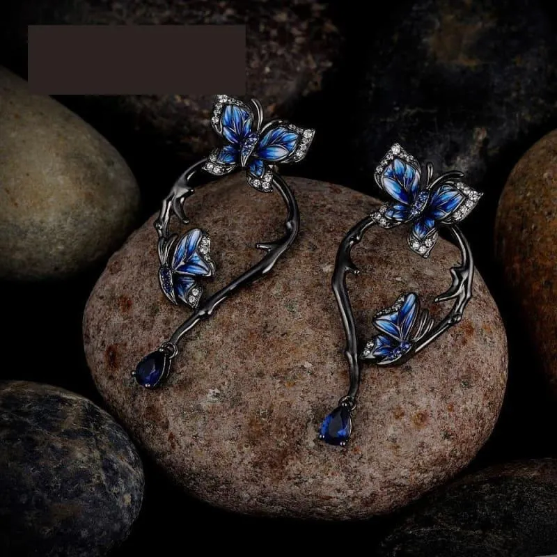 Blue Butterfly Ring Earrings Set 925 Sterling Silver Handmade Enamel Fashion Jewelry Set