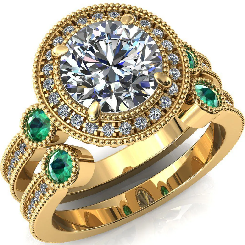 Brachium Round Center Stone Emerald Bezel Milgrain Halo 3/4 Eternity Accent Diamond Ring