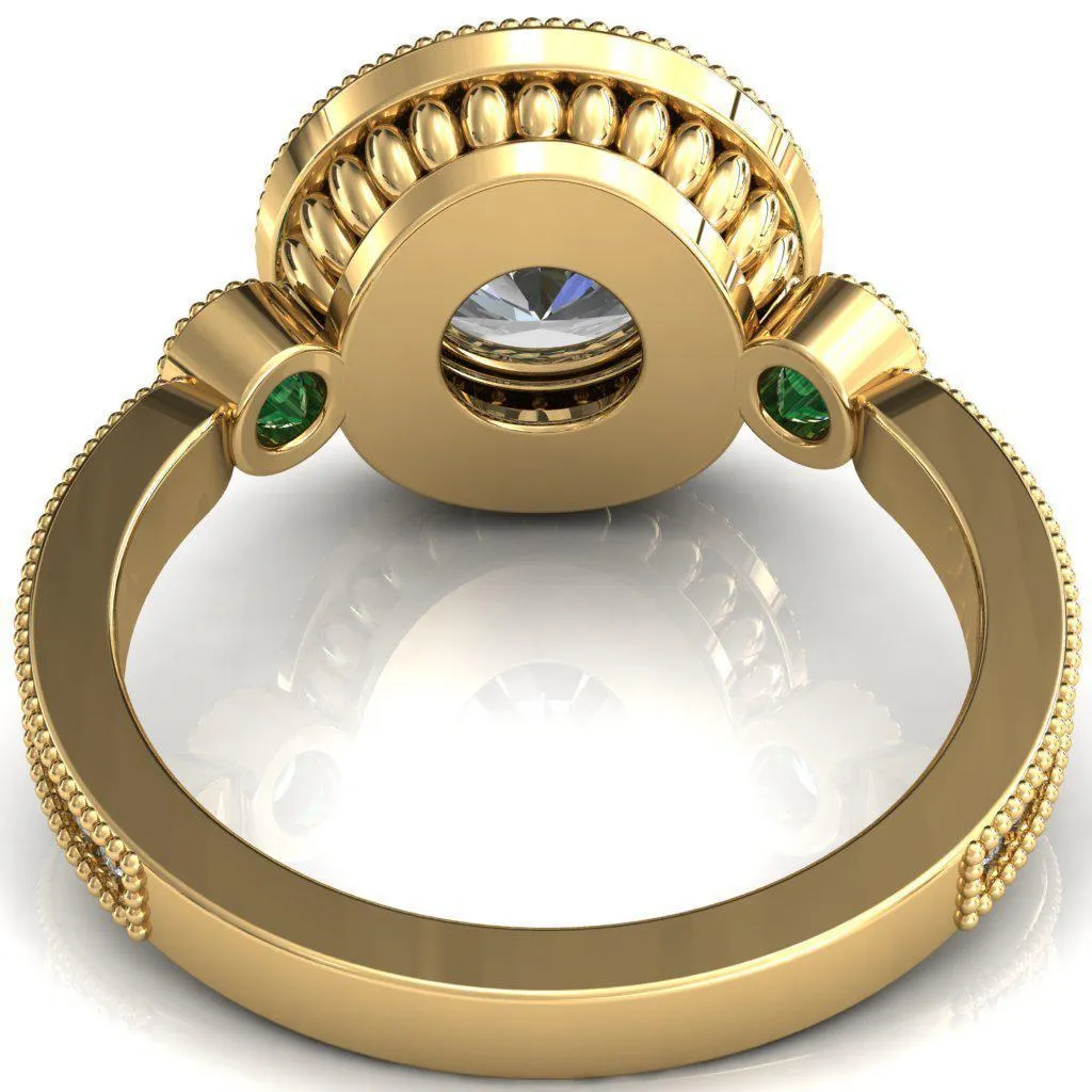 Brachium Round Center Stone Emerald Bezel Milgrain Halo 3/4 Eternity Accent Diamond Ring