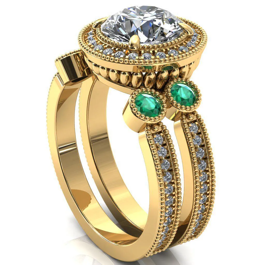 Brachium Round Center Stone Emerald Bezel Milgrain Halo 3/4 Eternity Accent Diamond Ring