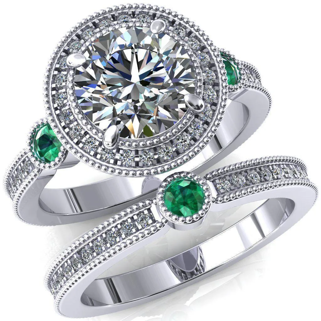 Brachium Round Center Stone Emerald Bezel Milgrain Halo 3/4 Eternity Accent Diamond Ring
