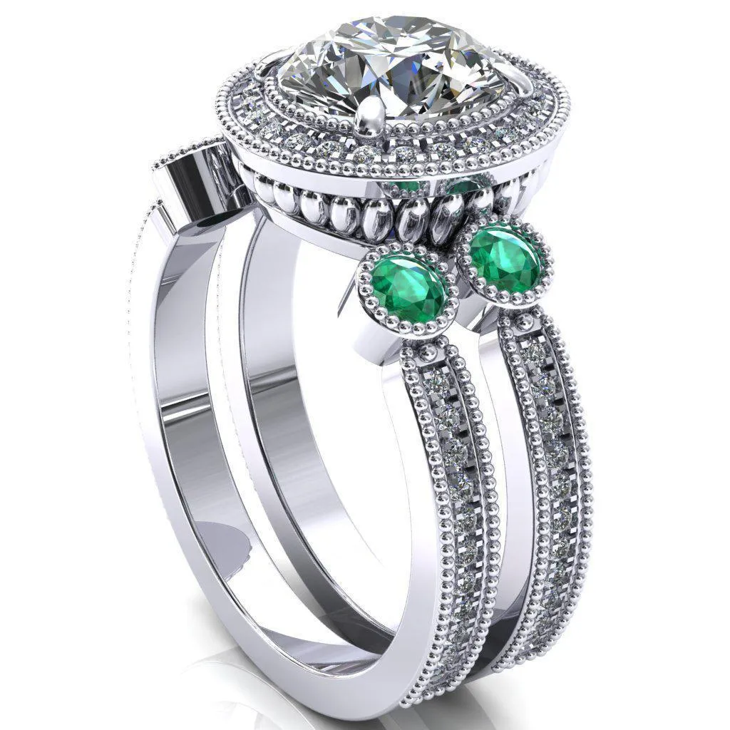 Brachium Round Center Stone Emerald Bezel Milgrain Halo 3/4 Eternity Accent Diamond Ring