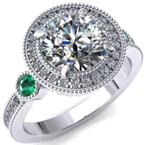 Brachium Round Center Stone Emerald Bezel Milgrain Halo 3/4 Eternity Accent Diamond Ring