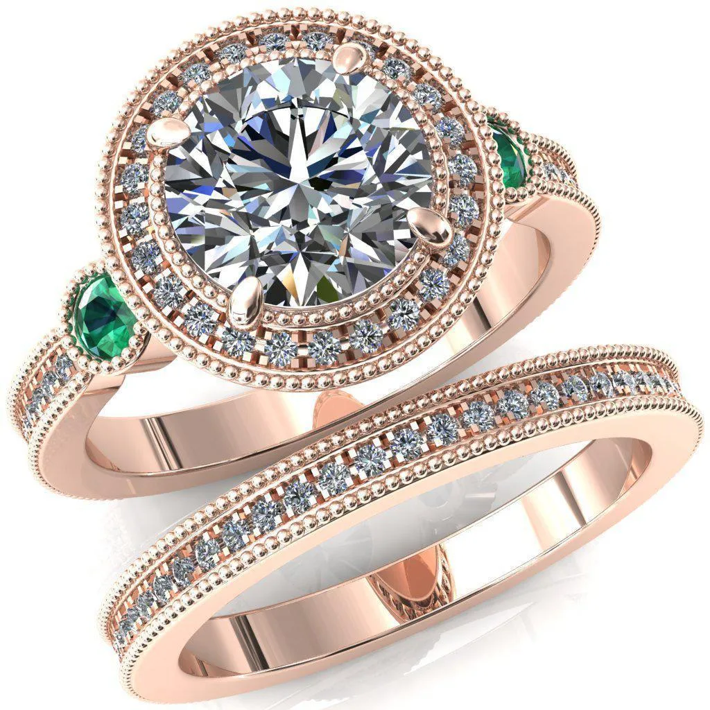 Brachium Round Center Stone Emerald Bezel Milgrain Halo 3/4 Eternity Accent Diamond Ring