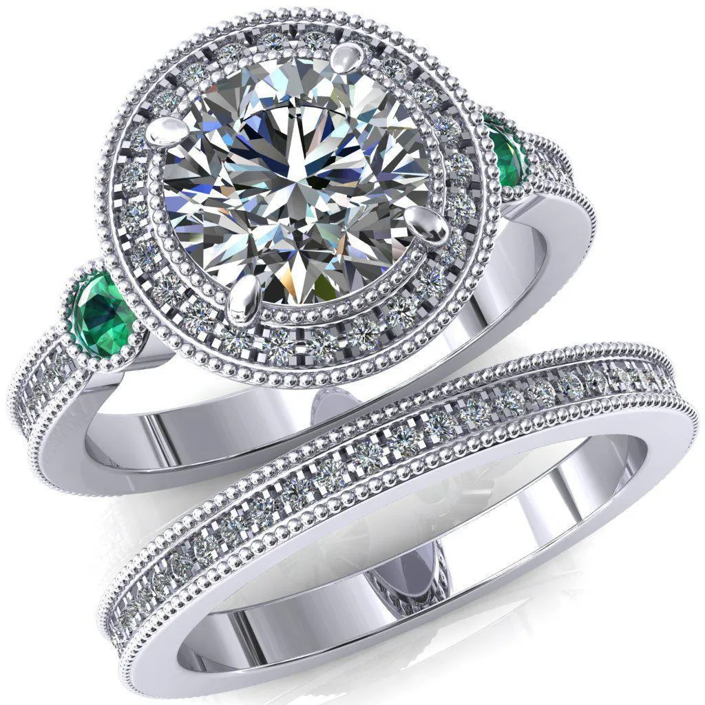 Brachium Round Center Stone Emerald Bezel Milgrain Halo 3/4 Eternity Accent Diamond Ring