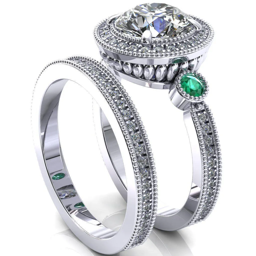 Brachium Round Center Stone Emerald Bezel Milgrain Halo 3/4 Eternity Accent Diamond Ring
