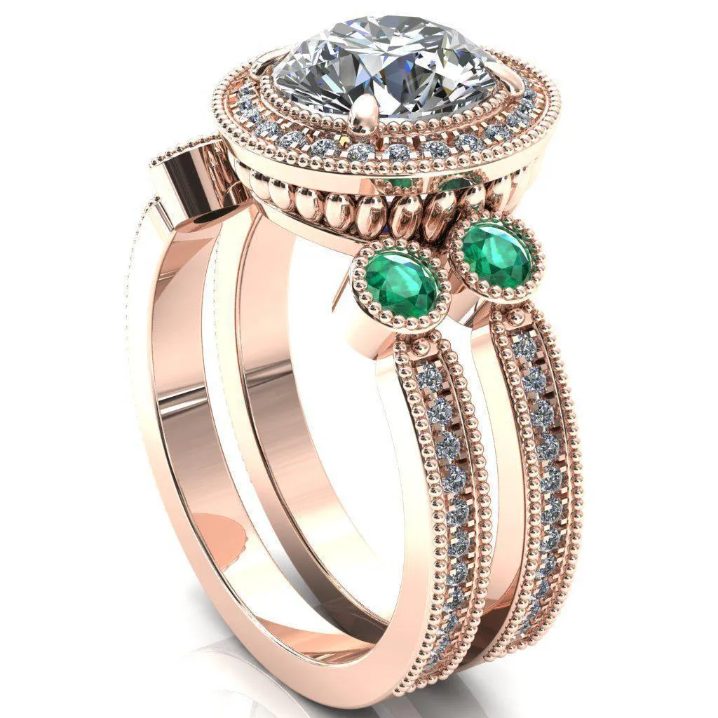 Brachium Round Center Stone Emerald Bezel Milgrain Halo 3/4 Eternity Accent Diamond Ring