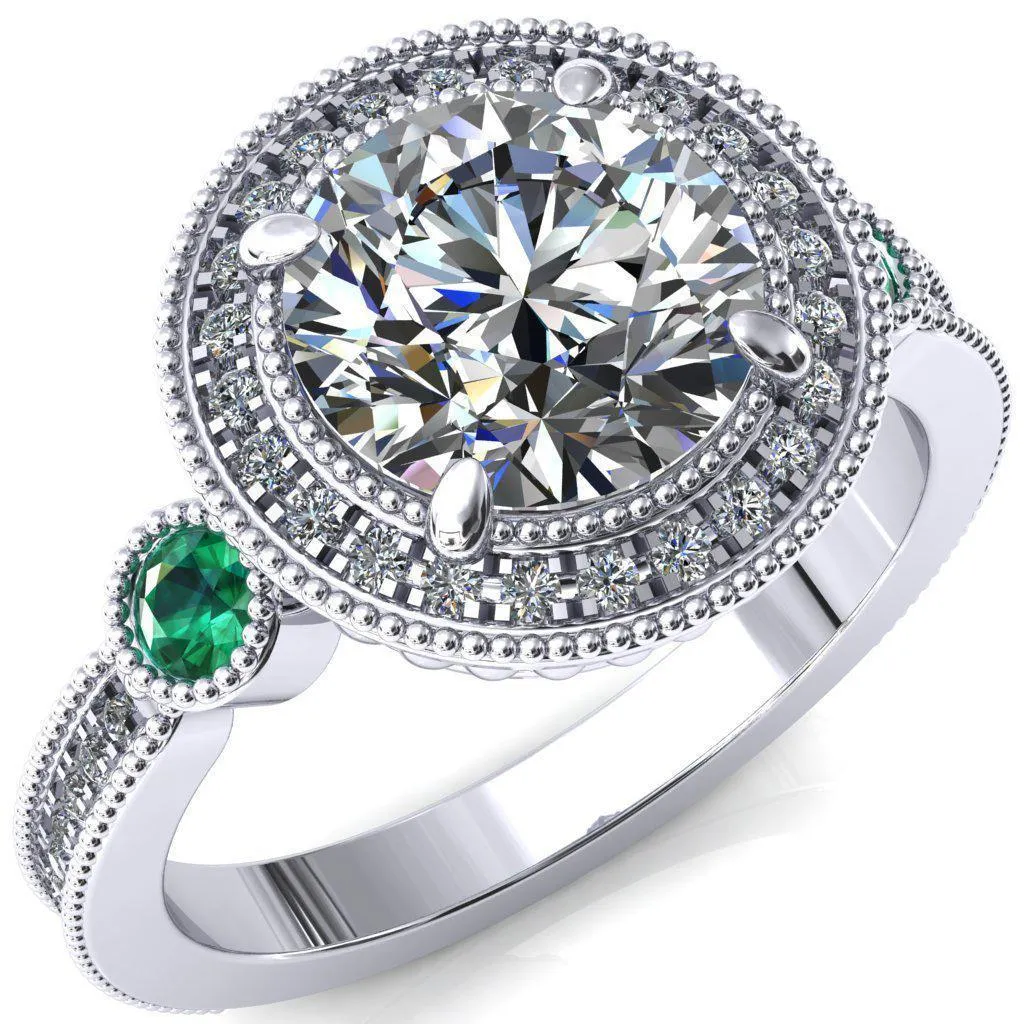 Brachium Round Center Stone Emerald Bezel Milgrain Halo 3/4 Eternity Accent Diamond Ring