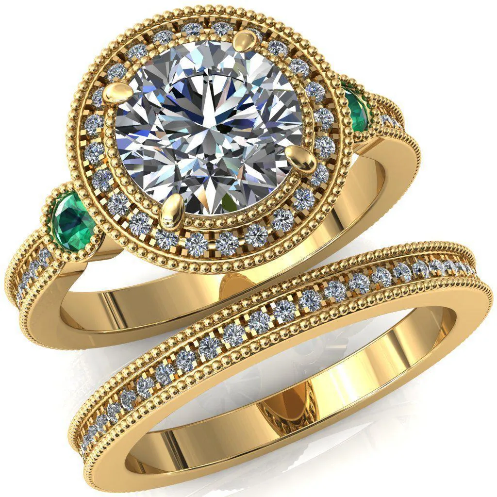 Brachium Round Center Stone Emerald Bezel Milgrain Halo 3/4 Eternity Accent Diamond Ring