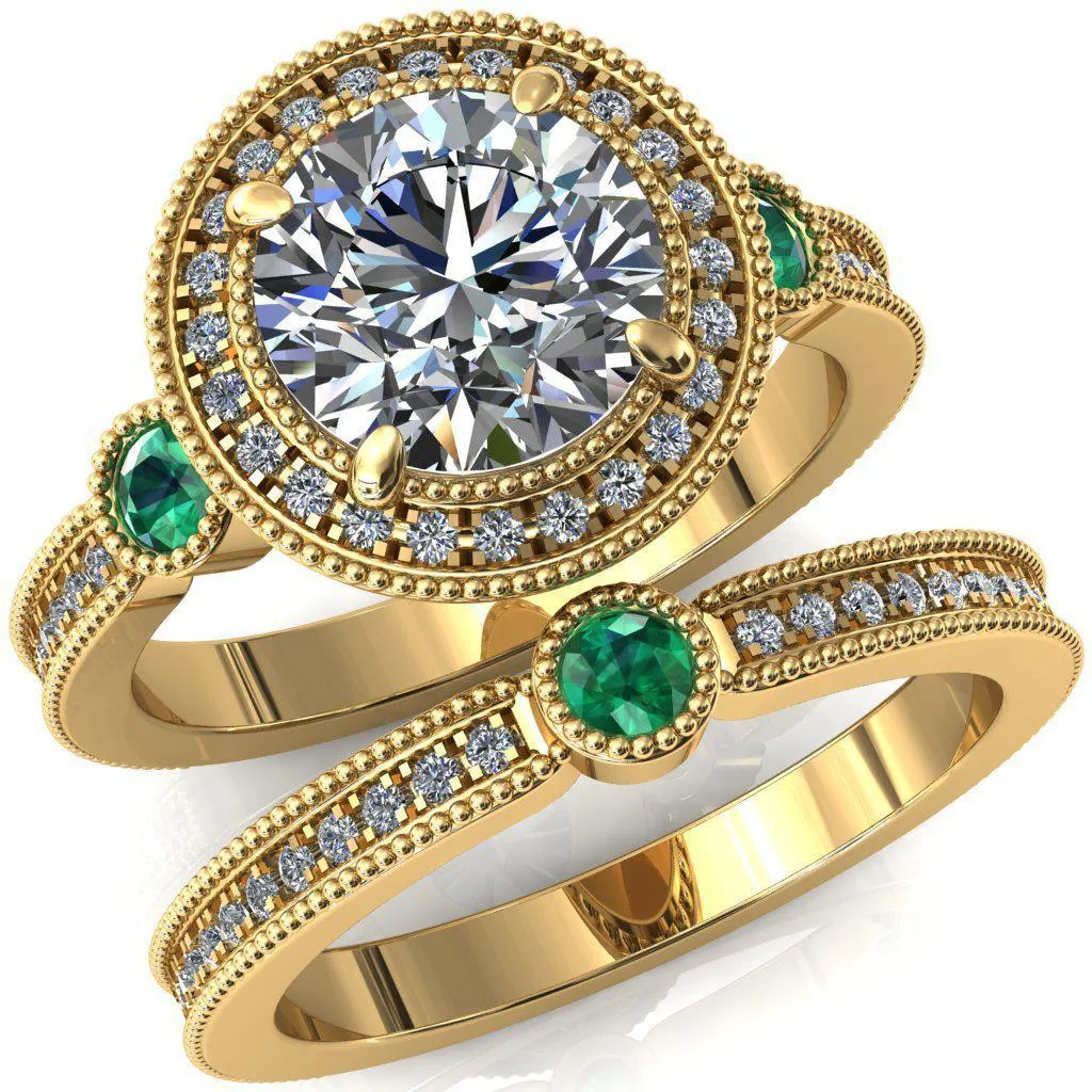 Brachium Round Center Stone Emerald Bezel Milgrain Halo 3/4 Eternity Accent Diamond Ring