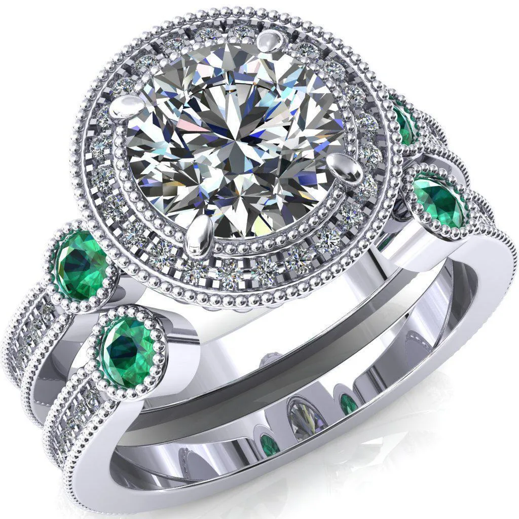 Brachium Round Center Stone Emerald Bezel Milgrain Halo 3/4 Eternity Accent Diamond Ring