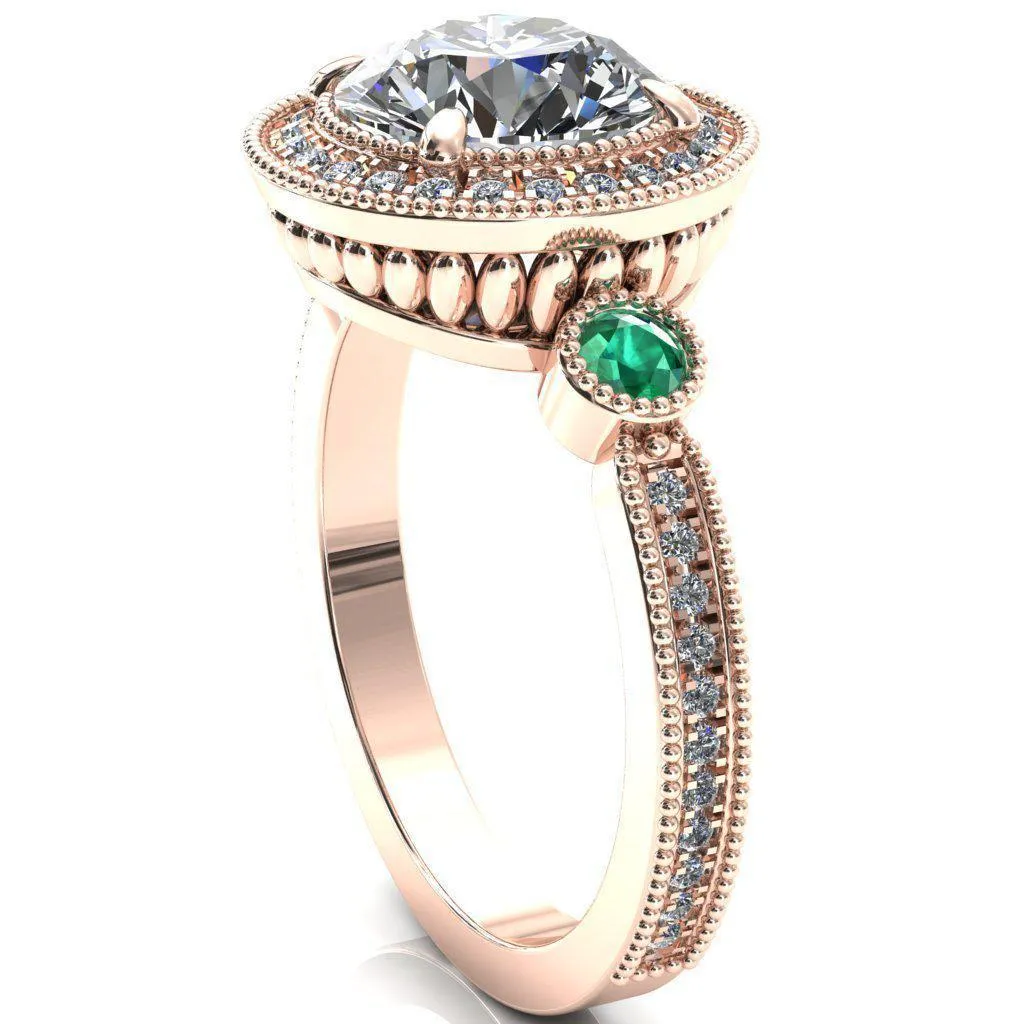 Brachium Round Center Stone Emerald Bezel Milgrain Halo 3/4 Eternity Accent Diamond Ring