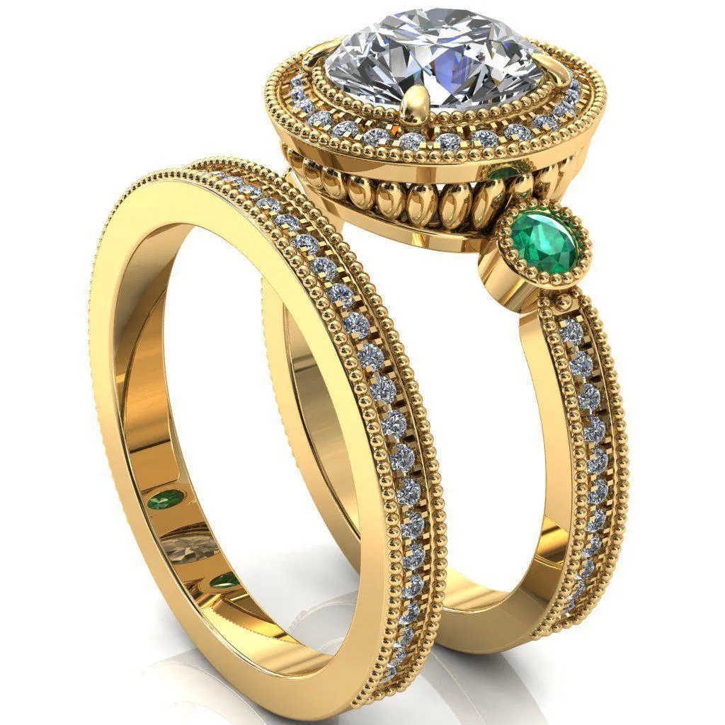 Brachium Round Center Stone Emerald Bezel Milgrain Halo 3/4 Eternity Accent Diamond Ring