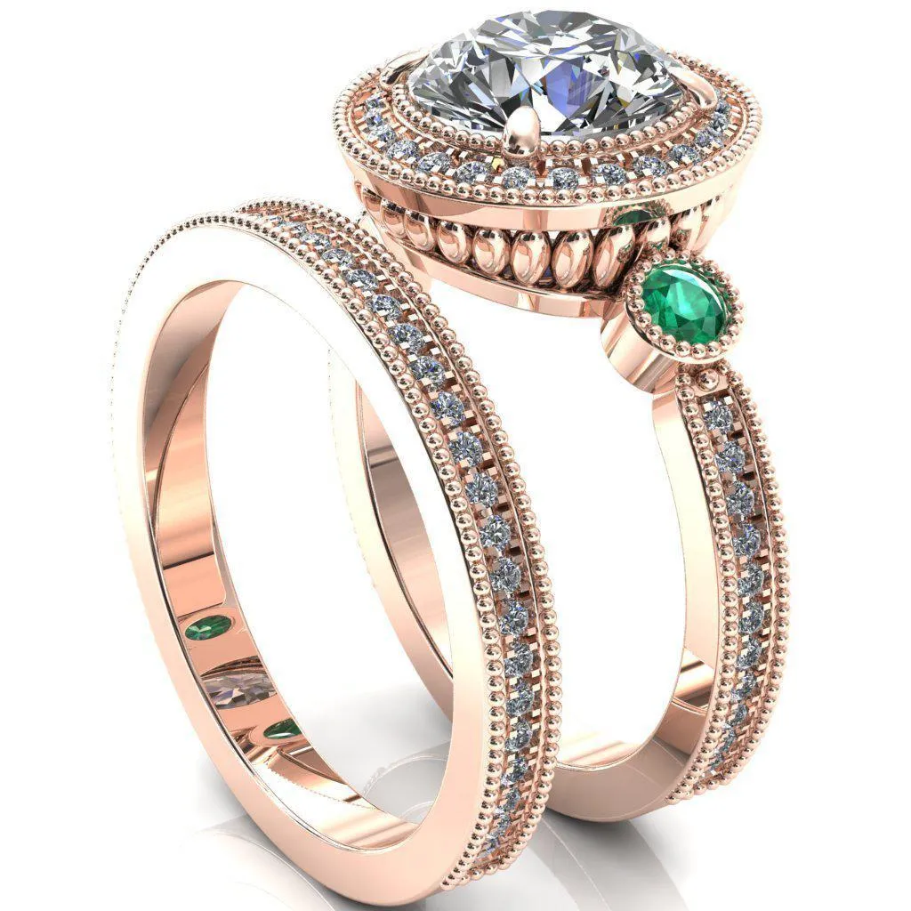 Brachium Round Center Stone Emerald Bezel Milgrain Halo 3/4 Eternity Accent Diamond Ring