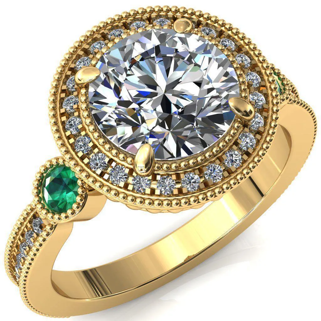 Brachium Round Center Stone Emerald Bezel Milgrain Halo 3/4 Eternity Accent Diamond Ring