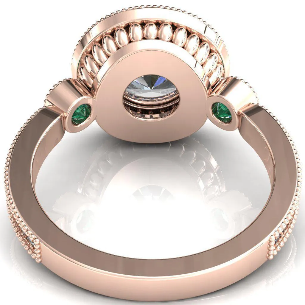 Brachium Round Center Stone Emerald Bezel Milgrain Halo 3/4 Eternity Accent Diamond Ring
