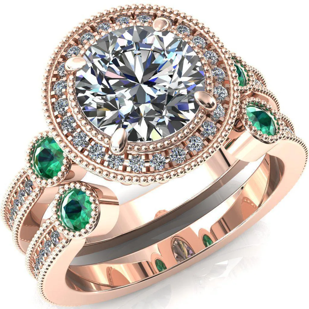 Brachium Round Center Stone Emerald Bezel Milgrain Halo 3/4 Eternity Accent Diamond Ring