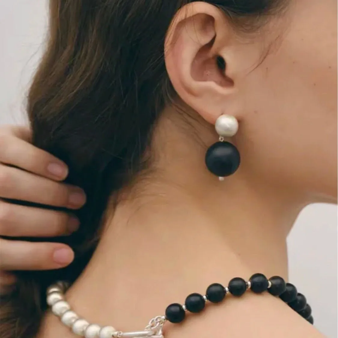 Brushed Ball Ebony Wood Round Bead Drop Earrings