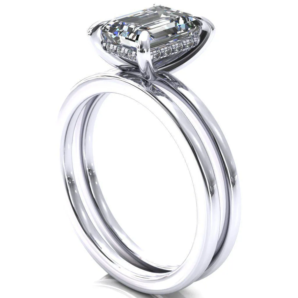 Carmeli Emerald Moissanite 4 Claw Prong Micro Pave Diamond Rail Engagement Ring