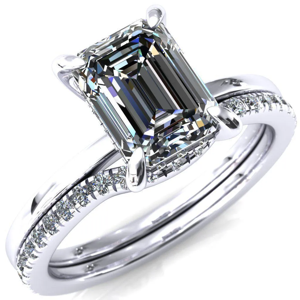 Carmeli Emerald Moissanite 4 Claw Prong Micro Pave Diamond Rail Engagement Ring