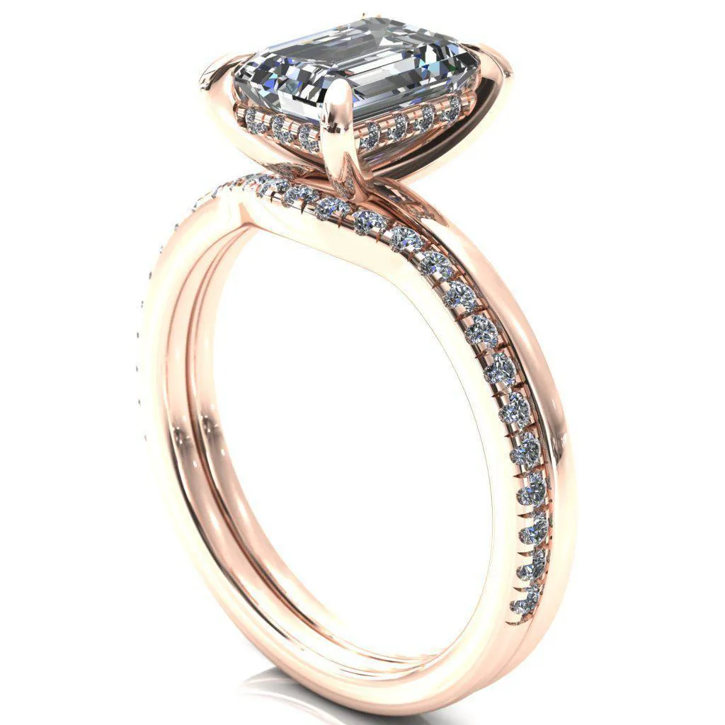 Carmeli Emerald Moissanite 4 Claw Prong Micro Pave Diamond Rail Engagement Ring