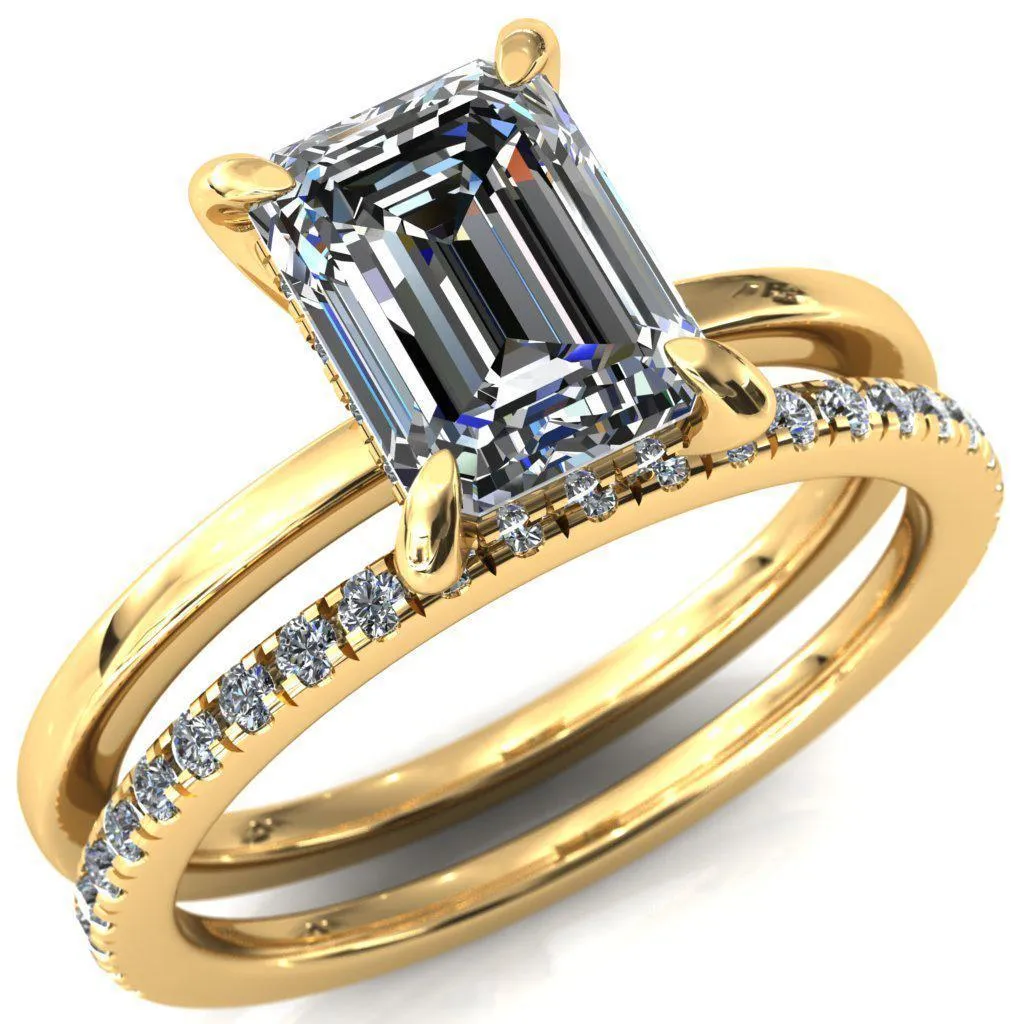 Carmeli Emerald Moissanite 4 Claw Prong Micro Pave Diamond Rail Engagement Ring