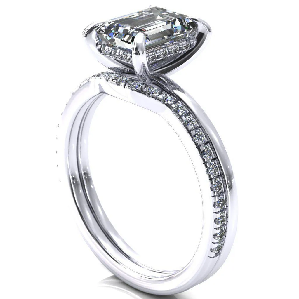 Carmeli Emerald Moissanite 4 Claw Prong Micro Pave Diamond Rail Engagement Ring